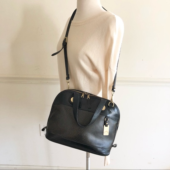 Dooney & Bourke Handbags - Dooney & Bourke black & tan perforated leather bowling bag style convertible bag